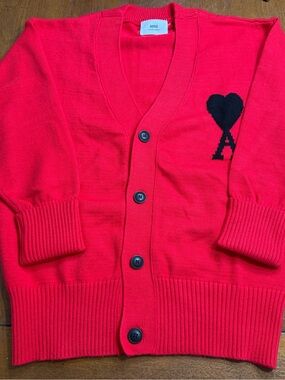 Ami Bright Red Cardigan with Black Heart A Motif